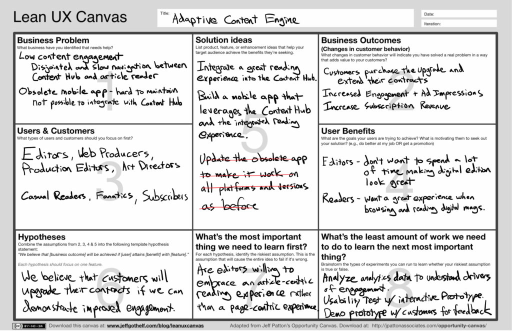 Lean UX Canvas filled out for the ACE project
